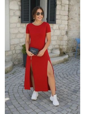 Marsilyan- Kadın Kısa Kollu Sırt Dekolteli Yırtmaç Detaylı Viskon Elbise