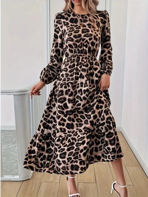 Marsilyan- Uzun Kollu Bisiklet Yaka Leopar Desenli Midi Süprem Elbise