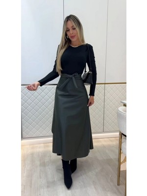 Marsilyan- Kadın Belden Kuşaklı Uzun Deri Etek