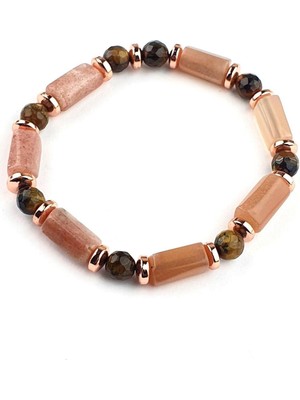 Kaplan Gözü ve Pembe Turmalin Hematit Taşlı El Işi Tasarım Doğal Taş Bileklik