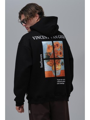 Oversize Van Gogh Baskılı Kapüşonlu Sweatshirt - Sunflowers Desenli - Anti-Peeling %100 Pamuk - S - 7xl