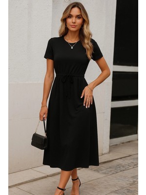 Marsilyan- Kadın Kısa Kollu Bisiklet Yaka Belden Bağlamalı Önü Bağcık Detaylı Maksi Boy Viskon Elbise