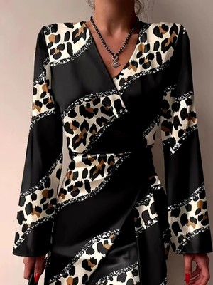 Marsilyan- Kadın Uzun Kollu Kruvaze Yakalı Asimetrik Detaylı Mini Modal Elbise