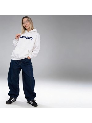 Monkeee Oversize Pamuk 3 Iplik Şardonlu Kapüşonlu Beyaz Sweatshirt