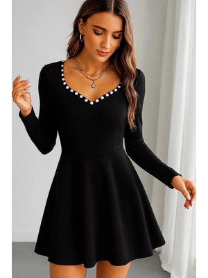 Marsilyan- Kadın Uzun Kollu Inci Yakalı Kısa Ithal Krep Elbise