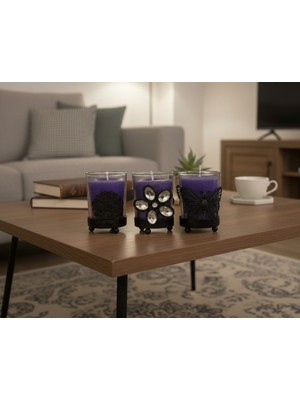 Artepieza Metal Standlı Dekoratif Cam Bardak 3’lü Mum Seti - Mor Hediyelik Tasarım Mumlar-Taşlı ve Metal Tasarımlı Cam Muhafazalı 3’lü Mor Mum Seti 7,5*5 cm