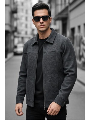 Oksit Kamy Erkek Gömlek Yaka Astarsız Fermuarlı Kaşe Ceket - Smart Casual Tasarım