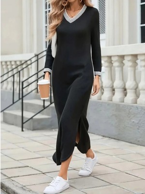 Marsilyan- Kadın Uzun Kollu V Yakalı Yanlardan Yırtmaçlı Uzun Viskon Iki Iplik Elbise