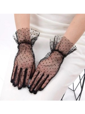 Marsilyan Kısa Boy Güpürlü Siyah Puantiyeli Tül Eldiven Siyah Renk