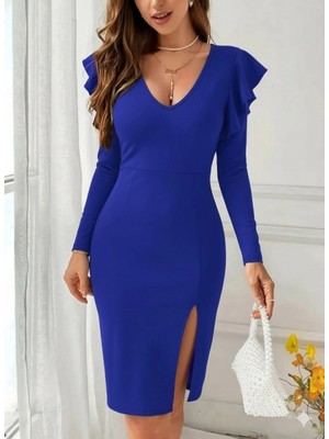 Marsilyan- Kadın Uzun Kollu V Yakalı Yandan Yırtmaçlı Midi Ithal Krep Elbise