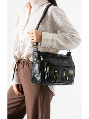 Duomino Siyah Yıkama Deri Çok Cepli Çapraz Çanta / Omuz Çantası / Postacı Çanta