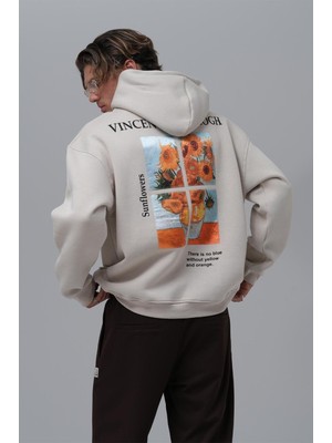 Oversize Van Gogh Baskılı Kapüşonlu Sweatshirt - Sunflowers Desenli - Anti-Peeling %100 Pamuk - S - 7xl