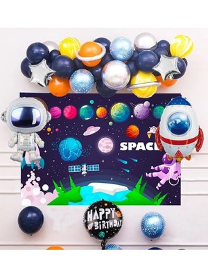 Bkmc Lüks Uzay Temalı Brandalı ve Roket Astronot Balonlu Zincir Balon Doğum Günü Parti Seti Süsü