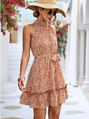 Marsilyan- Kadın Eteği Volanlı Halter Yaka Süprem Elbise