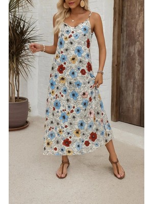 Marsilyan- Kadın Ip Askılı Geniş V Yakalı Desenli Süprem Elbise