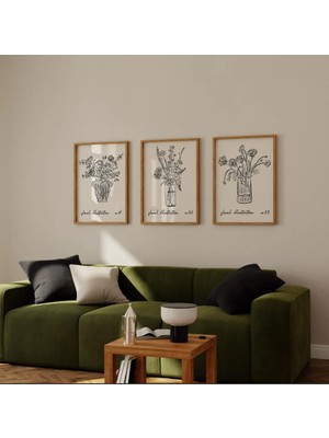 Pam Studio Minimalist Çizim Çiçekposter Seti -3’lü Siyah Beyaz Çizim Duvar Dekoru-Modern Iskandinav Stil Tablo