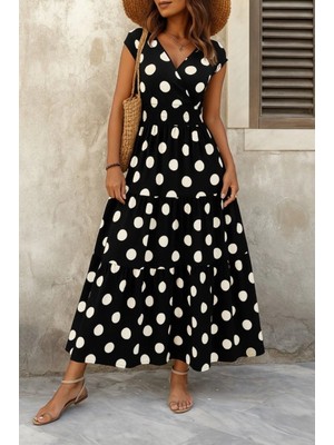 Marsilyan- Kadın Kısa Kollu Kruvaze Yaka Beli Lastikli Süprem Maksi Boy Elbise