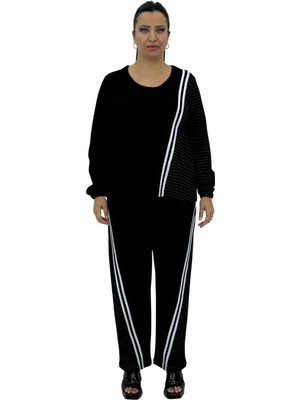 DARKWIN Büyük Beden Kadın Çizgili Salaş Cepli Bisiklet Yaka Uzun Kollu Şerit Detaylı Alt Üst Eşofman Takımı Türk Malı Darkwın