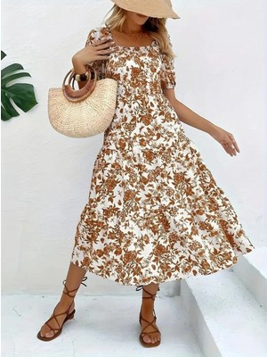 Marsilyan- Kadın Kısa Kollu Kare Yakalı Lastikli Desenli Süprem Elbise