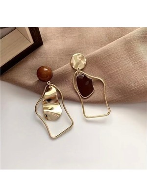 İTHAL Geometrik Asimetrik Sarkıt Küpe, Altın Rengi Metal