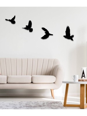 Evsay Dekoratif Ahşap Modern Dörtlü Kuş Duvar Süsü Duvar Dekor