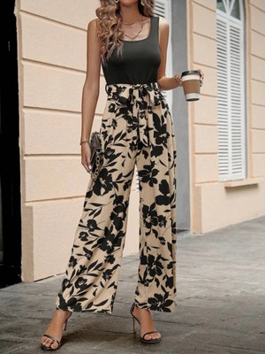 Marsilyan- Kadın Askılı Yuvarlak Yaka Beli Kuşaklı Üst Viskon Alt Dalgıç Tulum