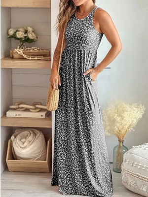 Marsilyan- Kadın Kalın Askılı Yuvarlak Yaka Cepli Süprem Maksi Elbise