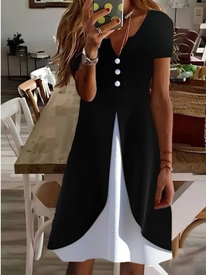 Marsilyan- Kadın Kısa Kollu V Yakalı Önden Düğmeli Çift Renkli Viskon Elbise