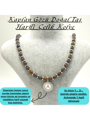 Yıldız Doğal Taş Sertifikalı Kişiye Özel Kaplan Gözü Taşı Harfli Kolye | Çelik Doğal Taş Kolye 45 cm + Uzatma Zinciri