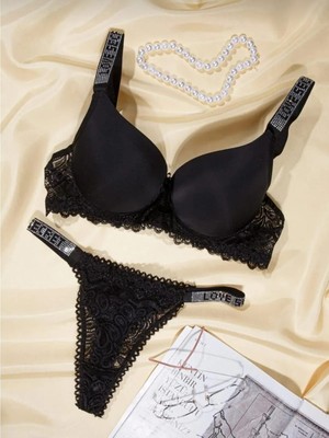 Janus Siyah Dantel Detaylı Taşlı Bralet Sütyen Takım Balenli