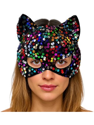 SHN Siyah Kadife Kumaş Üzerine Rengarenk Payetli Pullu Parti Maskesi 16X14 cm