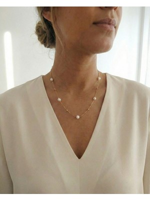 Aytens Takı Gerçek Kültür Incisi Dorika Detaylı Gold Renk Çelik Kolye 40CM Kararmaz