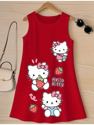 Punix Kids Punıx Kids Özel Seri Hello Kitty Üç Çilek Baskılı Kolsuz Yazlık %100 Pamuk Kız Çocuk Trend Elbise