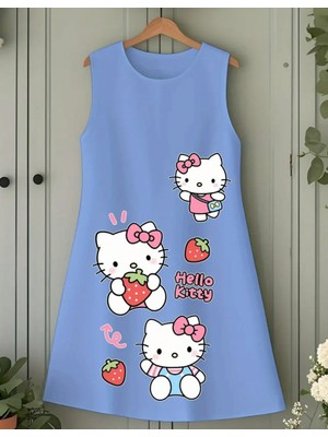 Punix Kids Punıx Kids Özel Seri Hello Kitty Üç Çilek Baskılı Kolsuz Yazlık %100 Pamuk Kız Çocuk Trend Elbise