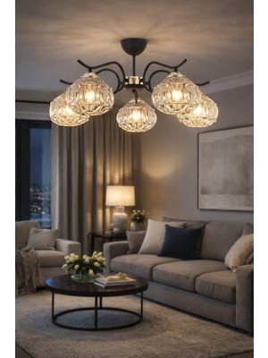 ESSLİGHT ELMAS 5 Lİ PLAFONYER AVİZE FÜME CAMLI MODERN DEKORATİF AYDINLATMA
