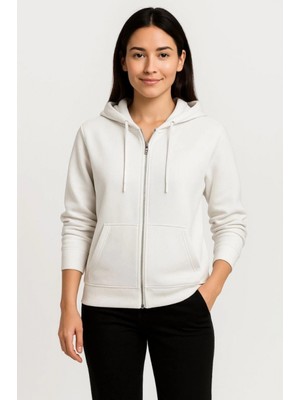 Marsilyan- Üç Iplik Kapüşonlu Tam Fermuarlı Kanguru Çepli Sweatshirt Hoodie - Beyaz