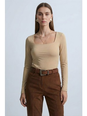 Qaju Kadın Uzun Kollu Kare Yaka Basic Bluz -Ten