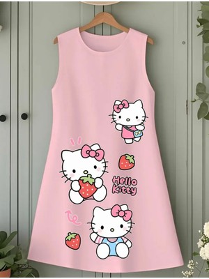 Punix Kids Punıx Kids Özel Seri Hello Kitty Üç Çilek Baskılı Kolsuz Yazlık %100 Pamuk Kız Çocuk Trend Elbise