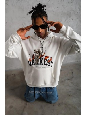 Marsilyan- Erkek Oversize Kapüşonlu Sweatshirt – Beyaz Renk Üç Iplik Içi Pamuklu Kanguru Cepli Baskılı Hoodie Rahat Kalıp Kışlık Günlük Kombinlere Uygun - Beyaz