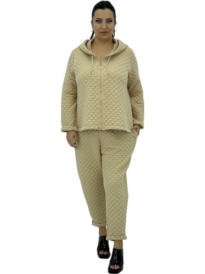 DARKWIN Büyük Beden Pamuklu Kapitone Fermuarlı Kapüşonlu Kadın Eşofman Takımı Türk Malı Darkwın