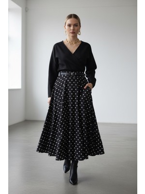 Molly Nelly Kadın Pileli Puantiyeli Uzun Fermuarlı Etek