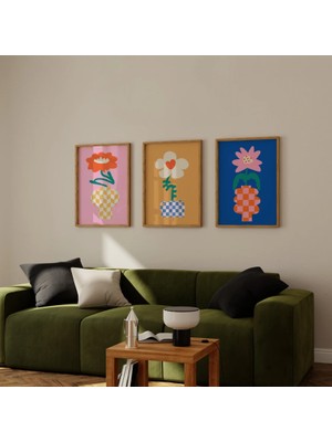 Pam Studio Modern Çiçek Illüstrasyon Poster Seti 3’lü – Soyut Vazo ve Renkli Çiçek Desenli Duvar Tablosu