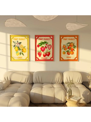 Pam Studio Retro Fruit Market Poster Seti – Portakal, Çilek, Limon Illüstrasyonlu 3’lü Tablo Seti