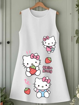Punix Kids Punıx Kids Özel Seri Hello Kitty Üç Çilek Baskılı Kolsuz Yazlık %100 Pamuk Kız Çocuk Trend Elbise