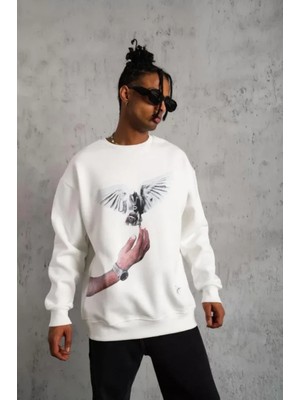Marsilyan- Erkek Güvercin Baskılı Sweatshirt - Beyaz