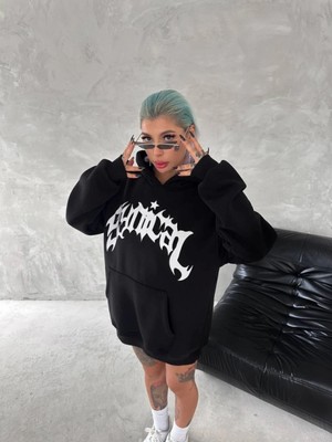 Marsilyan- Unisex Üç Iplik Kapşonlu Baskılı Sweatshirt - Siyah