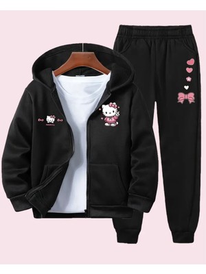 Punix Kids Punıx Kids Özel Seri Hello Kitty Baskılı Kapüşonlu Tam Fermuarlı Kışlık 2 Li Kız Çocuk Eşofman Takımı