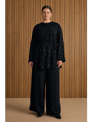 Aker Siyah Çicek Jakar Desenli Beli Lastikli Pantolon