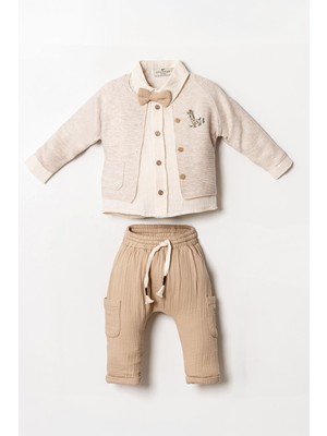 Miniğimin Cicileri Minigimin Cicileri Zurefa Nakışlı Triko Hırka 4'lü Erkek Bebek Takım - Bej