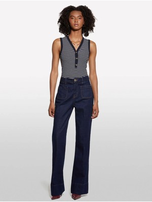 Sisley   Pamuk Karışımlı Önü Yama Cepli Bol Paça Denim Pantolon